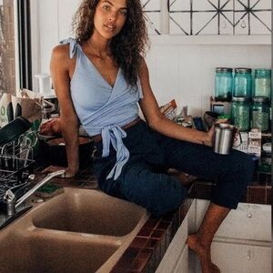 We The Free Light Blue Wrap Tie Shoulder Tank Top